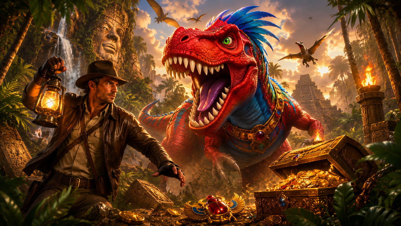 ภาพรีวิวเกม Dinosaurs Hunter T-Rex Awaken บน Joker Gaming แสดงธีมและบรรยากาศของเกม