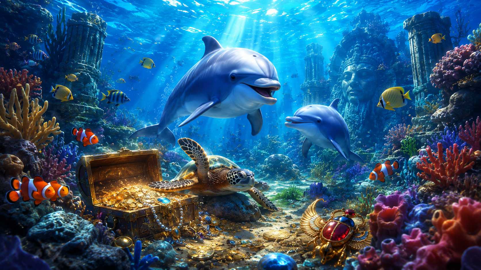 ภาพรีวิวเกม Dolphin Reef บน Joker Gaming แสดงธีมและบรรยากาศของเกม