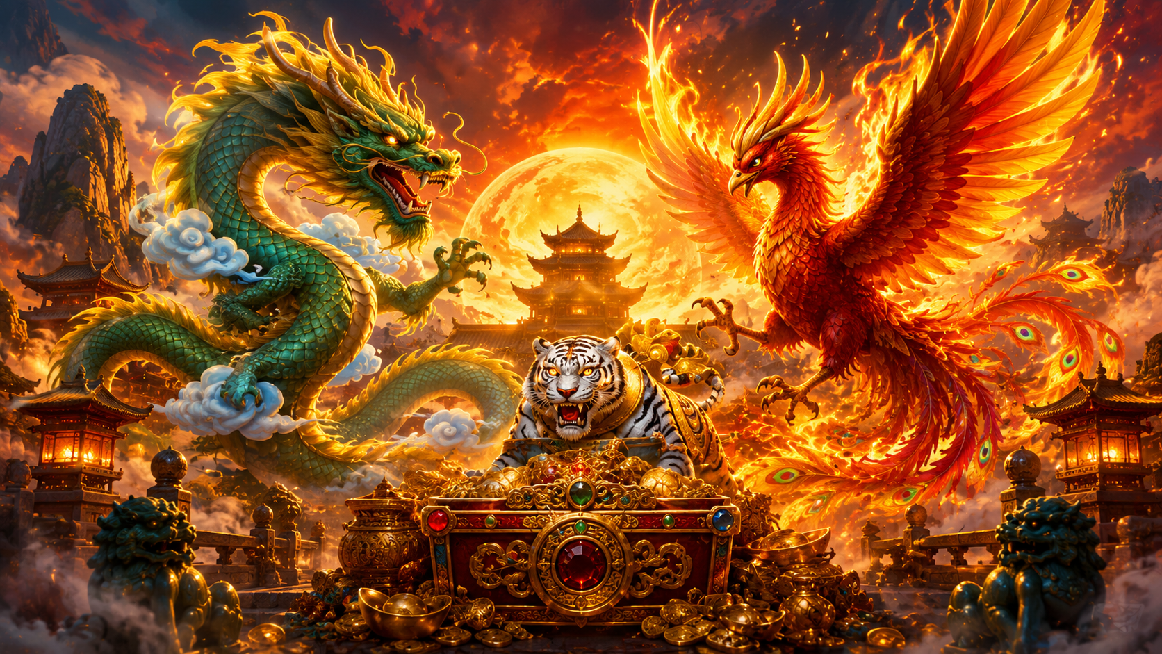 ภาพรีวิวเกม Dragon Phoenix บน Joker Gaming แสดงธีมและบรรยากาศของเกม